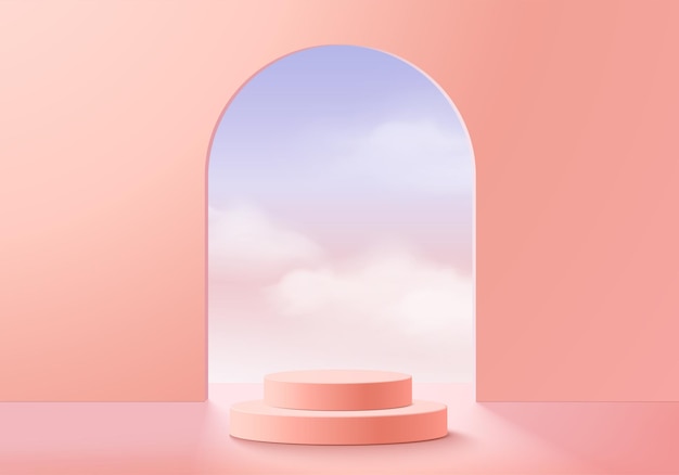 Vector de fondo Representación rosa 3d con podio y escena de nube mínima, fondo de exhibición de producto mínimo 3d renderizado forma geométrica cielo nube rosa pastel. Etapa de producto de render 3d en plataforma.