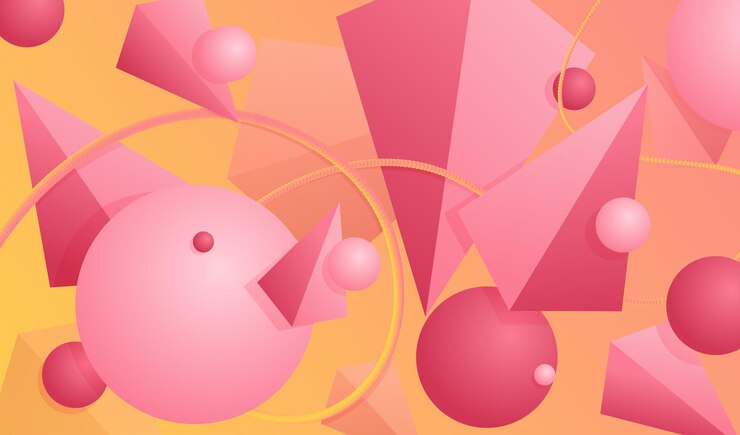 Vector fondo rosa abstracto con pirámides volumétricas de formas geométricas y esferas