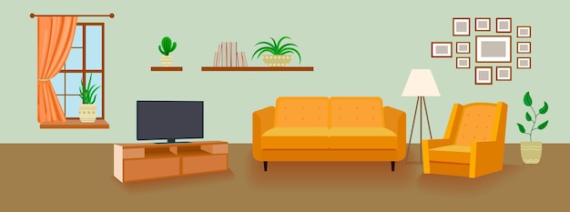 Vector de fondo de sala de estar, ilustración interior de dibujos animados, plantilla de fondo, sofá, TV, ventana y silla.