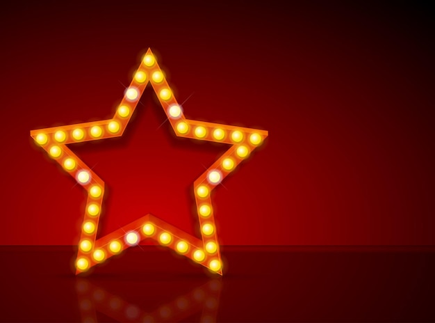 Vector de fondo de tarjeta de concepto de estrella de cine de resplandor de neón vintage de bombillas 3d detalladas realistas