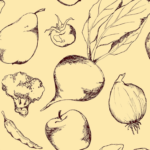 Vector de fondo de textura de patrones sin fisuras dibujados a mano de tinta monocromática de frutas vegetales
