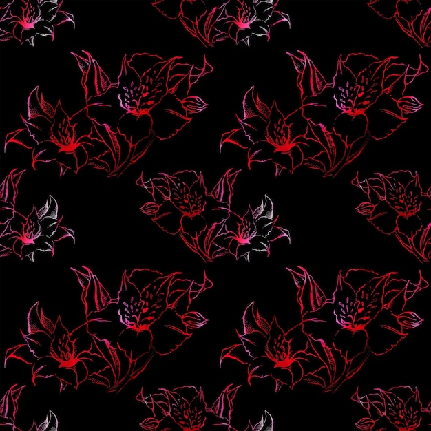 Vector de fondo de textura de patrones sin fisuras florales alstroemeria rojo y negro