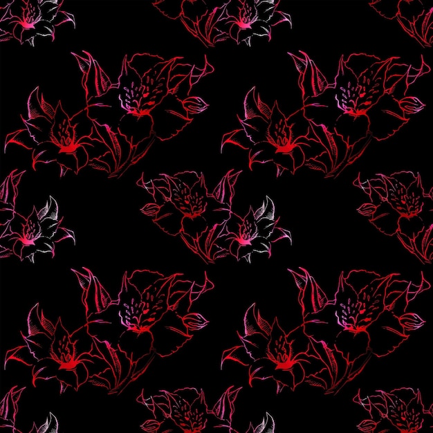 Vector de fondo de textura de patrones sin fisuras florales alstroemeria rojo y negro