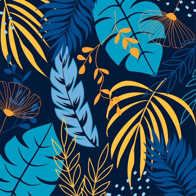 Vector fondo tropical en tonos azules con plantas y hojas