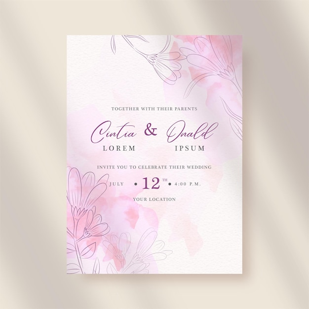 Vector de formas de flor rosa con acuarela splash sobre fondo de invitación de boda