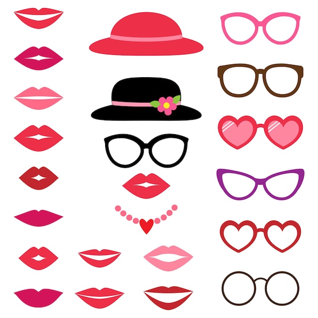 Vector de fotomatón de señora con sombreros, gafas y labios