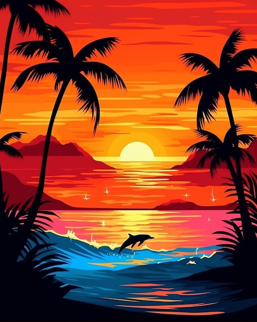 Vector de fotos del atardecer en los delfines de surf