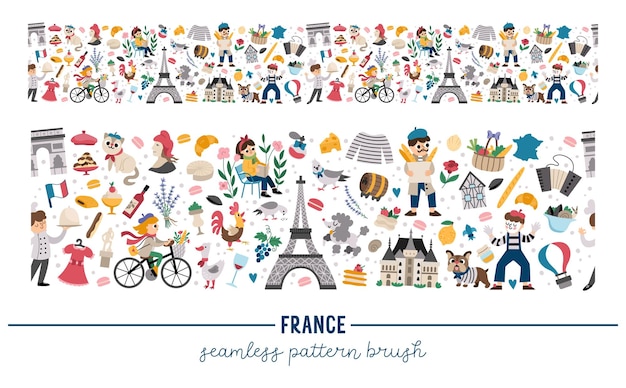 Vector francés horizontal frontera sin costuras con personas animales torre Eiffel símbolos tradicionales Francia turística patrón repetitivo pincel con croissant baguette tricolor