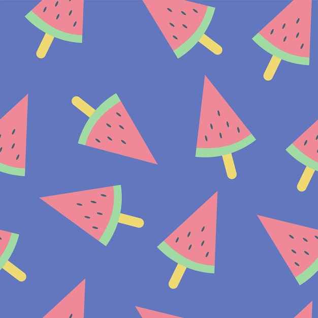 Vector Fresh Slice of Watermelon Seamless Pattern sobre fondo azul - Trendy Summer Simple vector símbolo para el diseño de sitios web - minimalismo