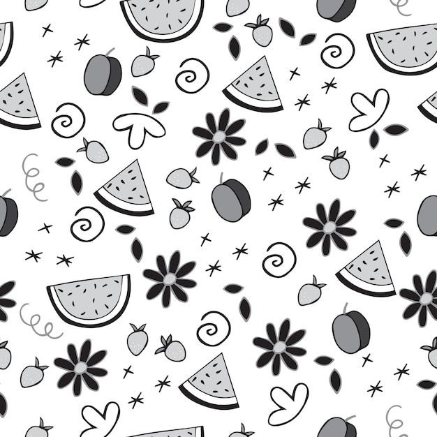 Vector frutas, flores, estrellas y elementos decorativos patrón transparente blanco y negro