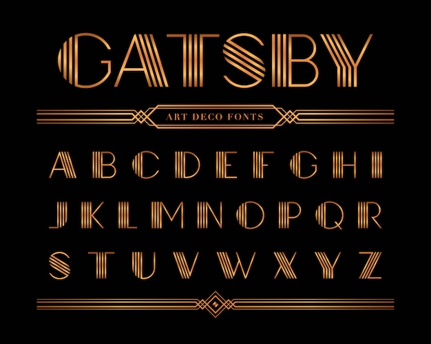Vector de la fuente de Gatsby y el alfabeto, conjunto de letras de oro.