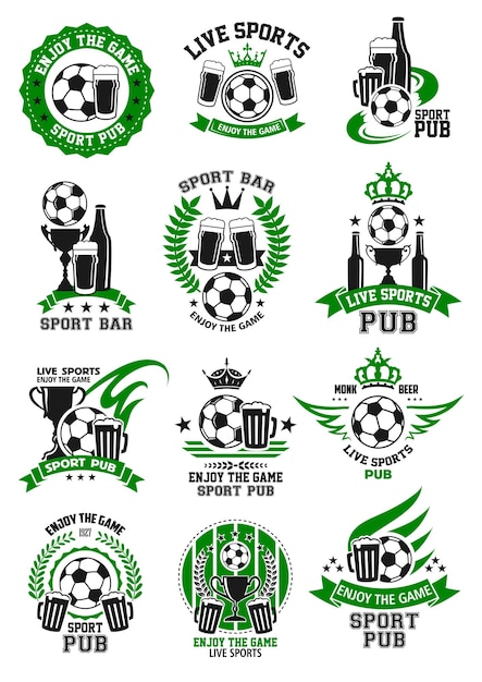 Vector, fútbol, deporte, barra, fútbol, pub, iconos, conjunto