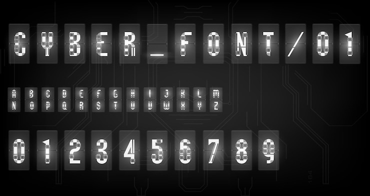 Vector vector futurista diseño de fuentes letras y números para web y aplicación alfabeto de fuentes tecno símbolos digitales de alta tecnología para la interfaz hud y el ciberespacio conjunto de números y símbolos para la lámpara en punto
