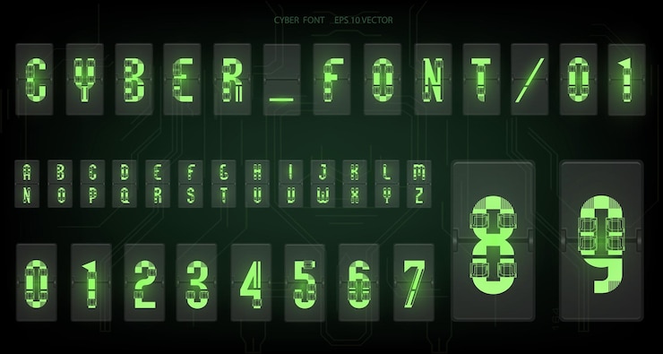 Vector vector futurista diseño de fuentes letras y números para web y aplicación alfabeto de fuentes tecno símbolos digitales de alta tecnología para la interfaz hud y el ciberespacio conjunto de números y símbolos para la lámpara en punto
