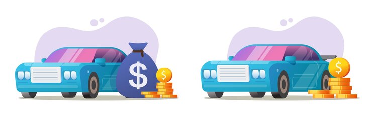 Vector vector de gastos de dinero de automóvil o costo de impuesto de vehículo de automóvil automóvil ilustrado gráfico en efectivo con servicio de crédito de préstamo como solución financiera al concepto de beneficio de inversión 3d
