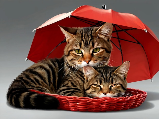 Vector el gato durmiendo bajo el paraguas rojo los gatos parecen felices y relajantes aislados