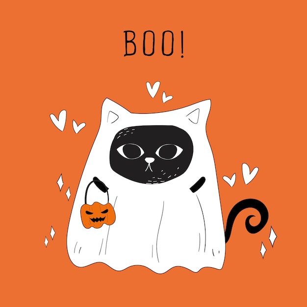 Vector de gato fantasma de halloween y calabazas doodle.