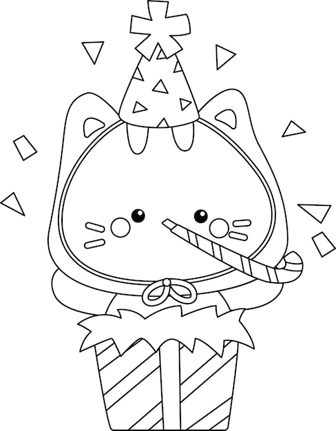 Vector un vector de un gato lindo en el tema de cumpleaños en color negro y blanco