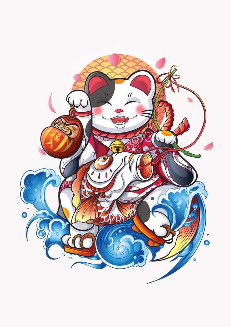 Vector vector gato maneki neko ilustración con ola japonesa ola marina ola oceánica y daruma