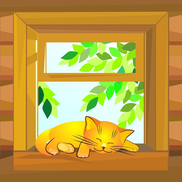 Vector, gato rojo en un día de verano durmiendo en el alféizar de la ventana