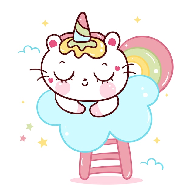 Vector vector de gato unicornio dormir en la nube