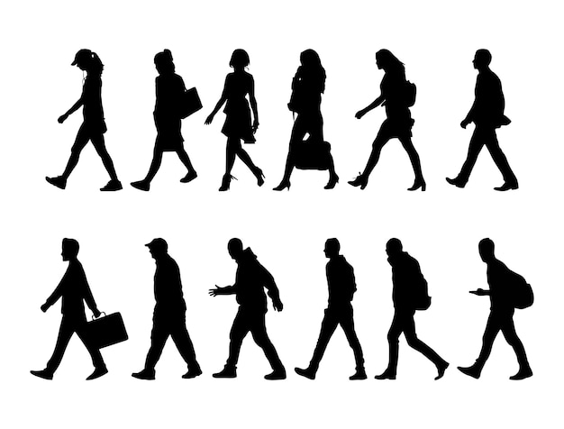 vector, gente, actividad, caminar, hombres y mujeres, silueta