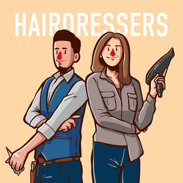 vector, gente, peluqueros, con, trabajo, en, mano, dibujado, estilo