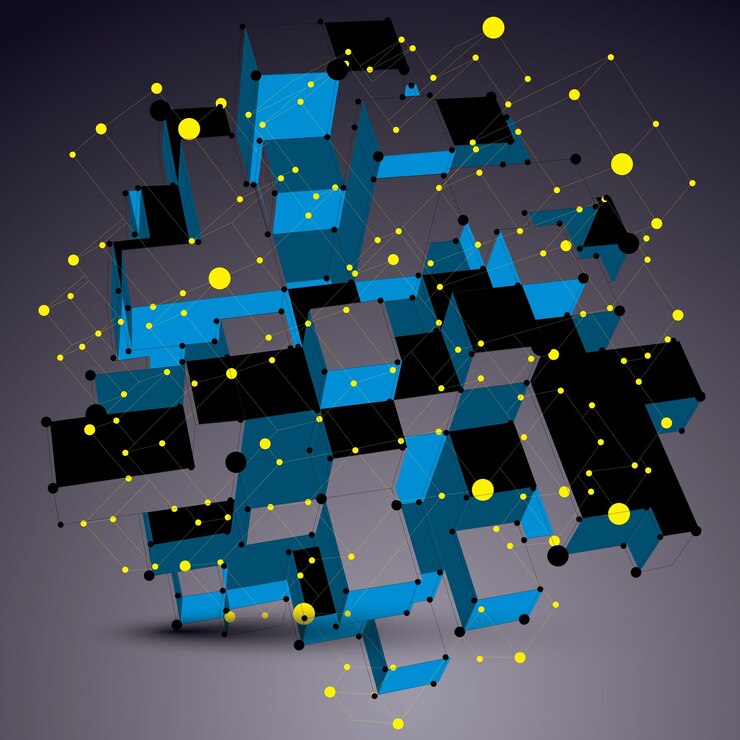 Vector vector geométrico abstracto 3d objeto de celosía complicado, elemento asimétrico azul con estructura de cubo de estructura alámbrica y líneas amarillas conectadas.