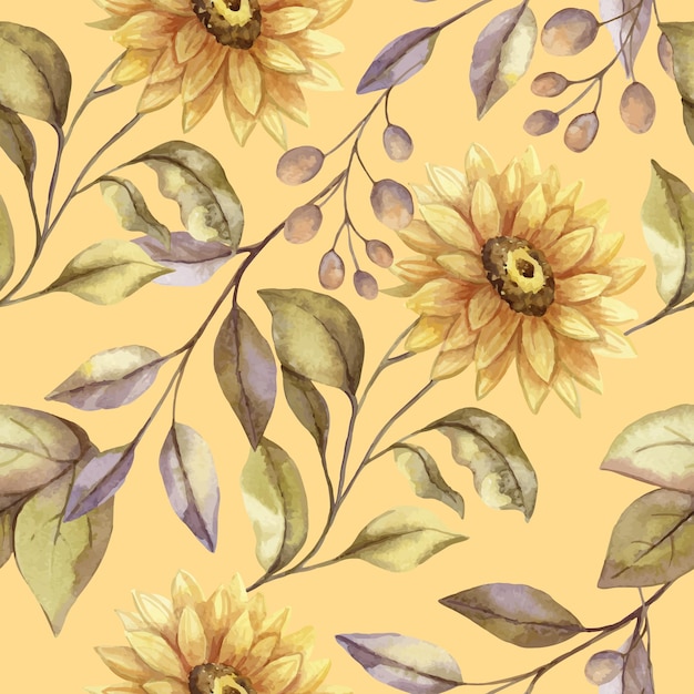 Vector de girasol de otoño patrón sin costuras con hojas y bayas en la mano de fondo amarillo brillante