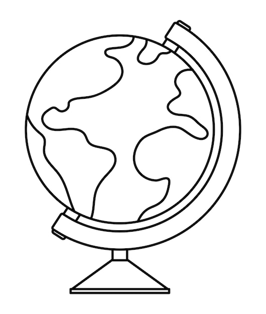 Vector globo blanco y negro en un soporte Modelo de mapa de esfera mundial de contorno Icono de línea de vacaciones o elemento infográfico escolarxA