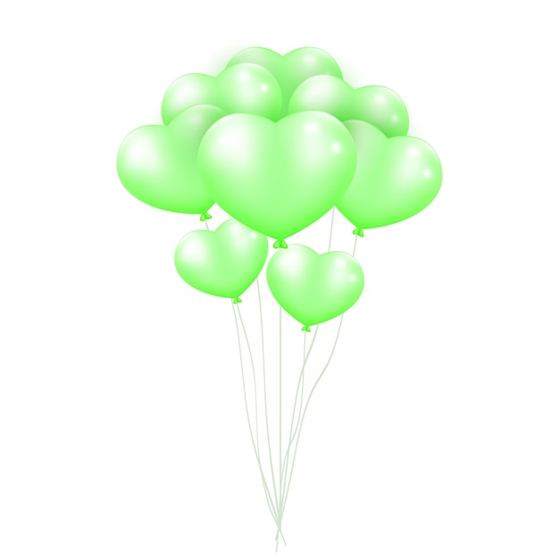 Vector de globos de corazón verdes realistas en 3D aislados en un fondo transparente de aire globo de helio