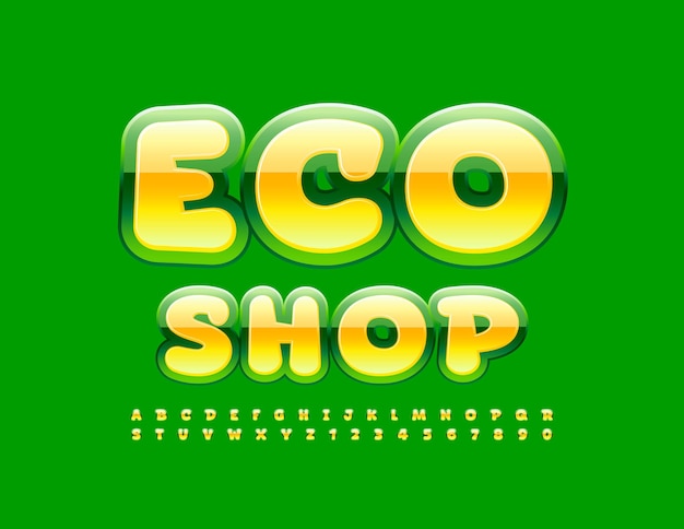 Vector Glossy Emblem Eco Shop Fuente amarilla y verde Conjunto de letras y números del alfabeto moderno