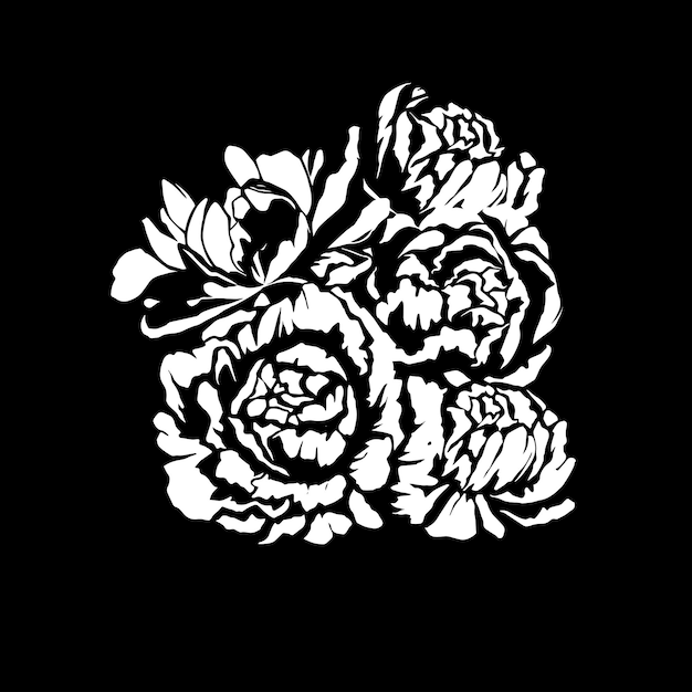 Vector de grabado de ramos monocromáticos de flores de peonías