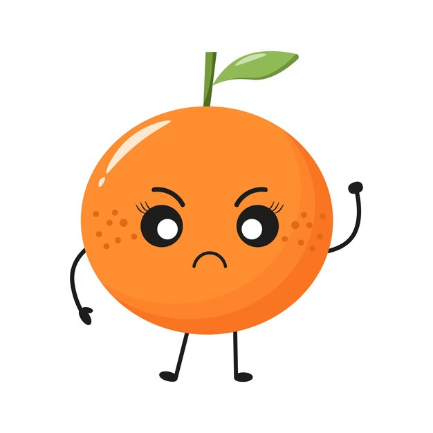 Vector gracioso naranja personaje enojado emoticon de dibujos animados naranja muestra puño en estilo plano
