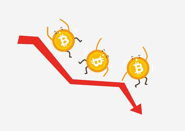 Vector de gráfico de caída de Bitcoin. Caídas de precios de Bitcoin. Precio del valor de mercado bajando. Concepto de dibujos animados de criptomonedas.