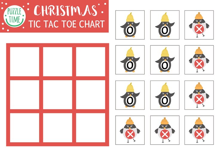 Vector vector gráfico de tic tac toe de navidad con lindo pingüino y camachuelo juego de mesa de invierno