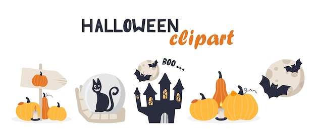 Vector gran conjunto de elementos de diseño de Halloween. Imágenes prediseñadas de Halloween con símbolos tradicionales.
