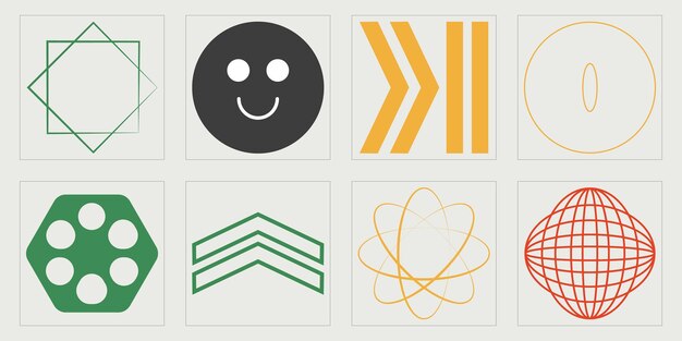 Vector Graphic Assets Set Rave psicodélico retro futurista conjunto Iconos minimalistas planos