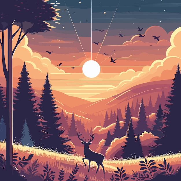 Vector gratis Paisaje con bosque al atardecer con ciervos.