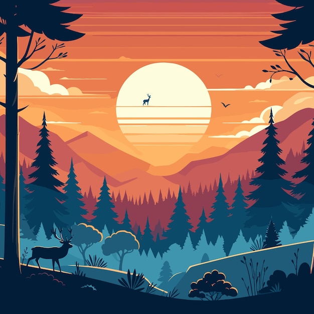 Vector gratis Paisaje con bosque al atardecer con ciervos.