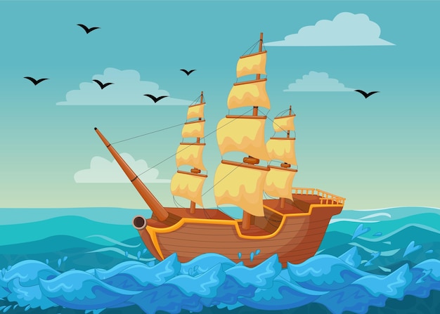 Vector vector gratis paisaje marino con barco.