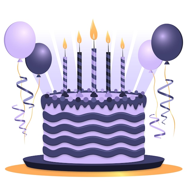 Vector gratis pastel delicioso con velas y globos en el estilo de vector plano