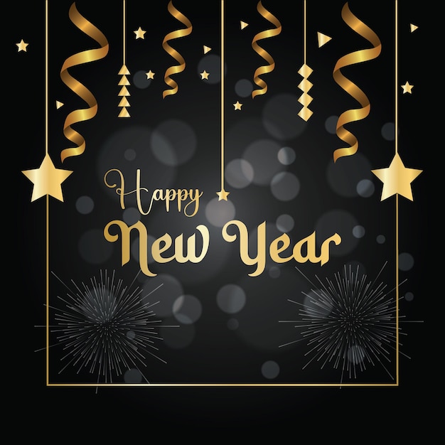Vector gratuito feliz año nuevo celebrado bandera con fondo oscuro fuegos artificiales y globos