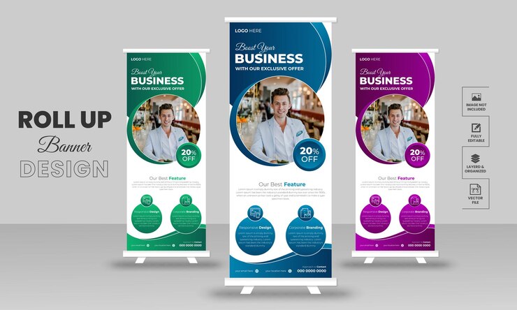 Vector gratuito de negocios modernos enrollado con gradiente y tarjeta de rack de negocios modernos o plantilla de volante dl