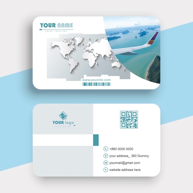 Vector vector gratuito tarjeta de visita horizontal de una agencia de viajes profesional diseño con plantilla de mapa del mundo