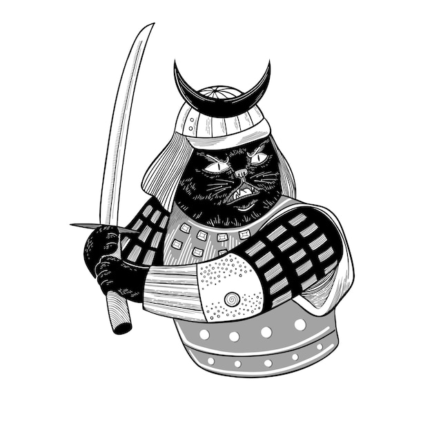 Vector guerrero gato con una espada Samurai japonés gato negro en ropas tradicionales