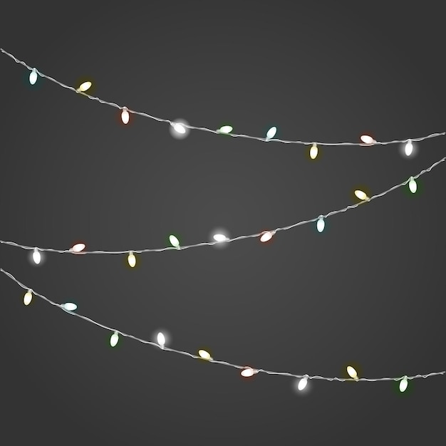 Vector de guirnalda de iluminación de diferentes colores en fondo oscuro. Colección de vectores de luces de Navidad. Lámparas incandescentes vect o set