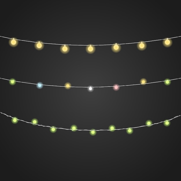 Vector de guirnalda de iluminación de diferentes colores en fondo oscuro. Colección de vectores de luces de Navidad. Lámparas incandescentes vect o set