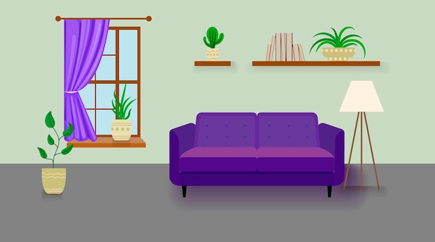 Vector Habitación Vacía Fondo Púrpura Con Plantas Hogar