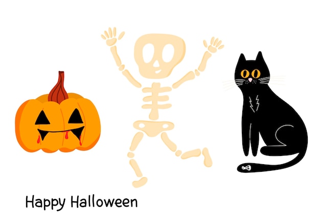 Vector para halloween con un gato negro, una calabaza y un esqueleto divertido sobre un fondo blanco.